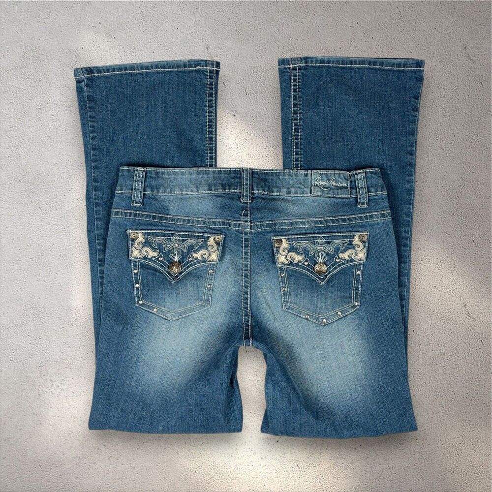 Y2K Royal Premium Bootcut Jeans Women's 10 Rhinestone Embroidered Flap Pockets